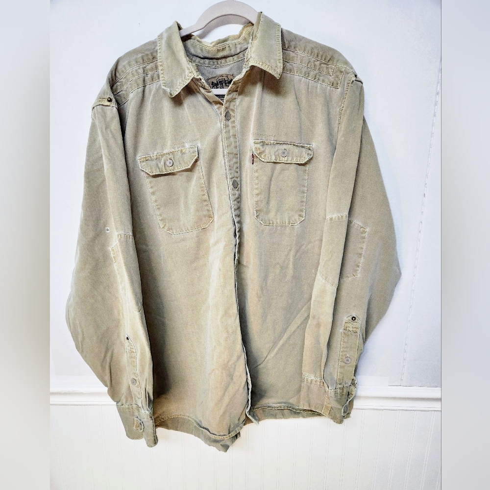 Levi's Mens 2XL LS Shirt Tan Cowboy Miner Gusset Elbow Heavyweight Vintage 0112